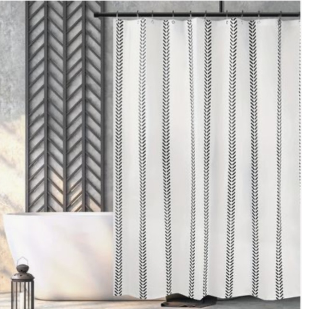 Boho black & white shower curtain w/ white shower rings -NEW in package